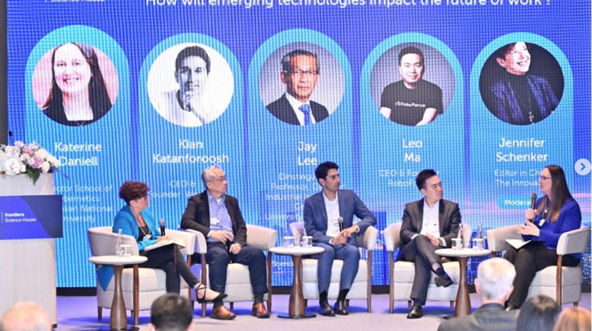 Professor Katherine Daniell (ANU) in Dalian on a panel discussing the relevance of the WEF Top 10 Technologies of 2026 on The Future of Work. Image: Frontiers Science House