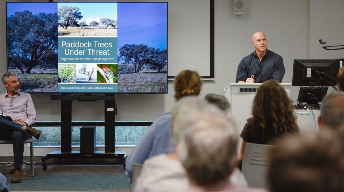 ACT Senator David Pocock launches the book Paddock Trees Under Threat. Photo: Lincoln Magee