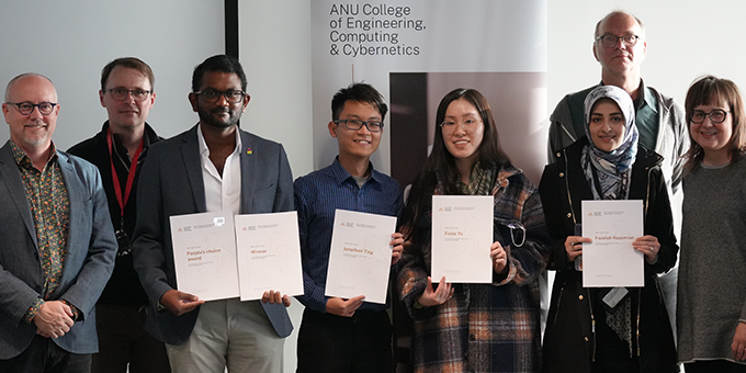 CECC 3MT candidates Dan Virah-Sawmy, Jonathan Ting, Fiona Yu, and Fazeleh Kazemian pose with judges Professor Chris Kellett, Dr Michael Norrish, and Professor Alex Zafiroglu; and Associate Dean Higher Degree Research Professor Dirk Pattinson.
