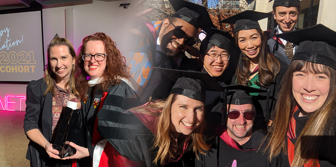 Kate at graduation with her masters cohort and Distinguished Professor Genevieve Bell
