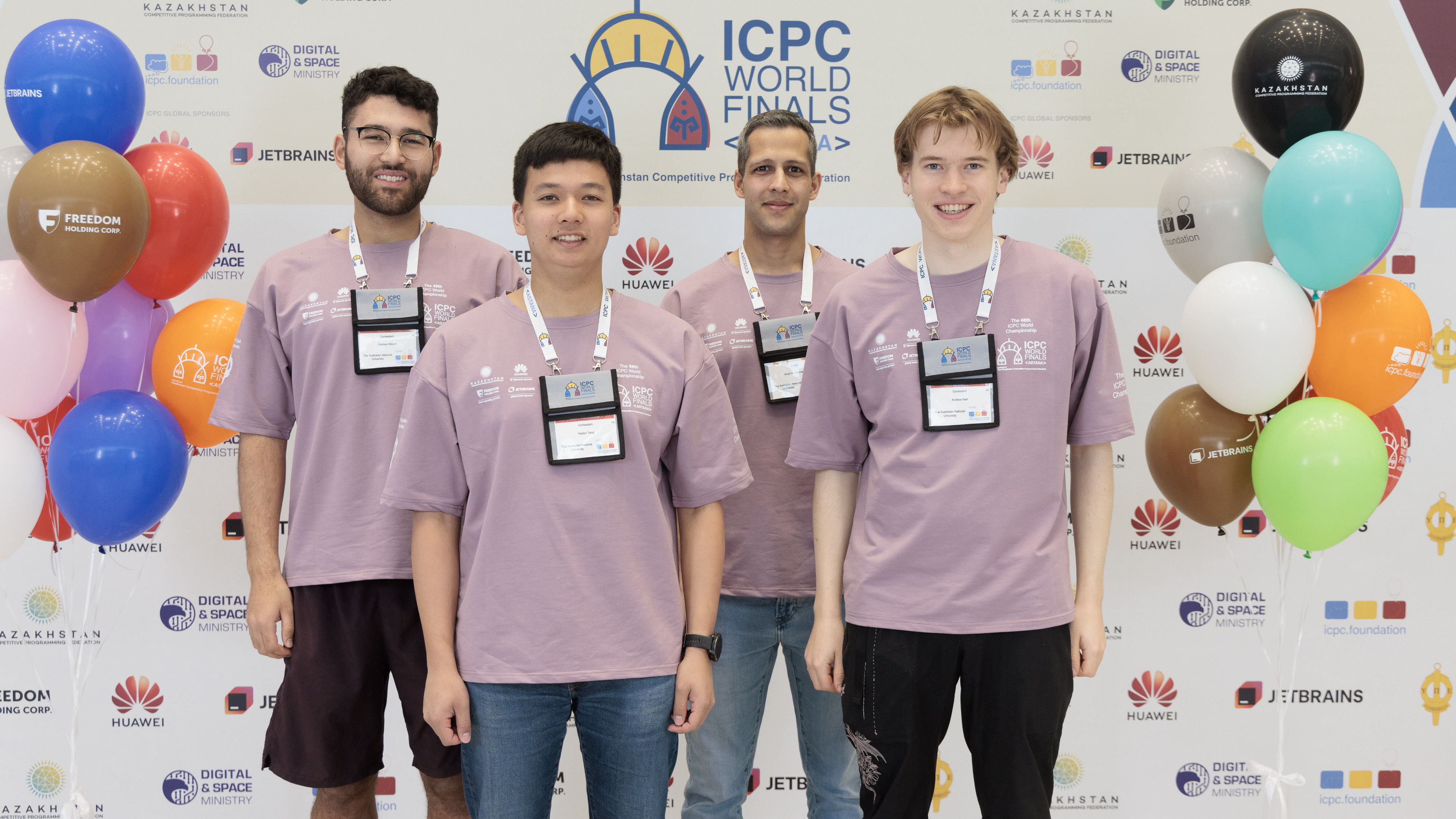 ANU team at the 2024 International Collegiate Programming Contest (ICPC) World Finals, from left to right: Cormac Kikkert, Hadyn Tang, Dr Ahad Zehmakan, and Andrew Kerr.
