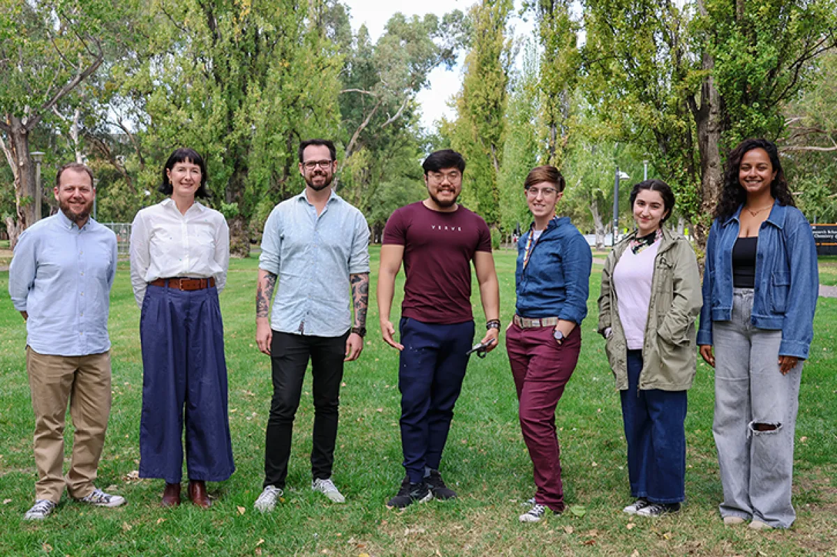 The 2025 ANU CPAS cohort (l-r): Adam Suckling, Vanessa Barett, Geraint Stirling, Shao-Jie Zhou, SJ Barnes, Lynne El Hassan, and Jamie Piroe